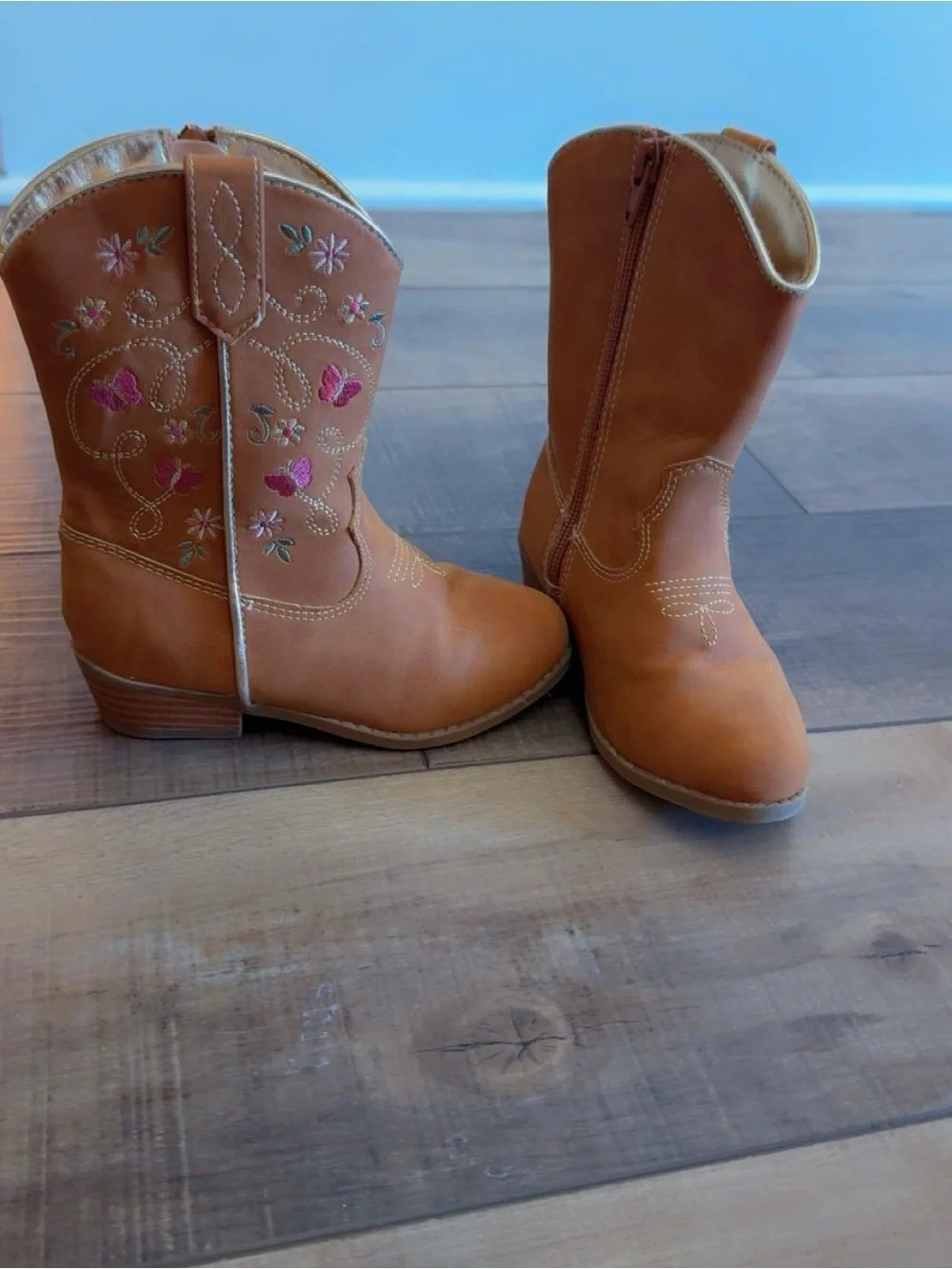 Girls Tan Western Cowboy Boots with Pink Floral Embroidery